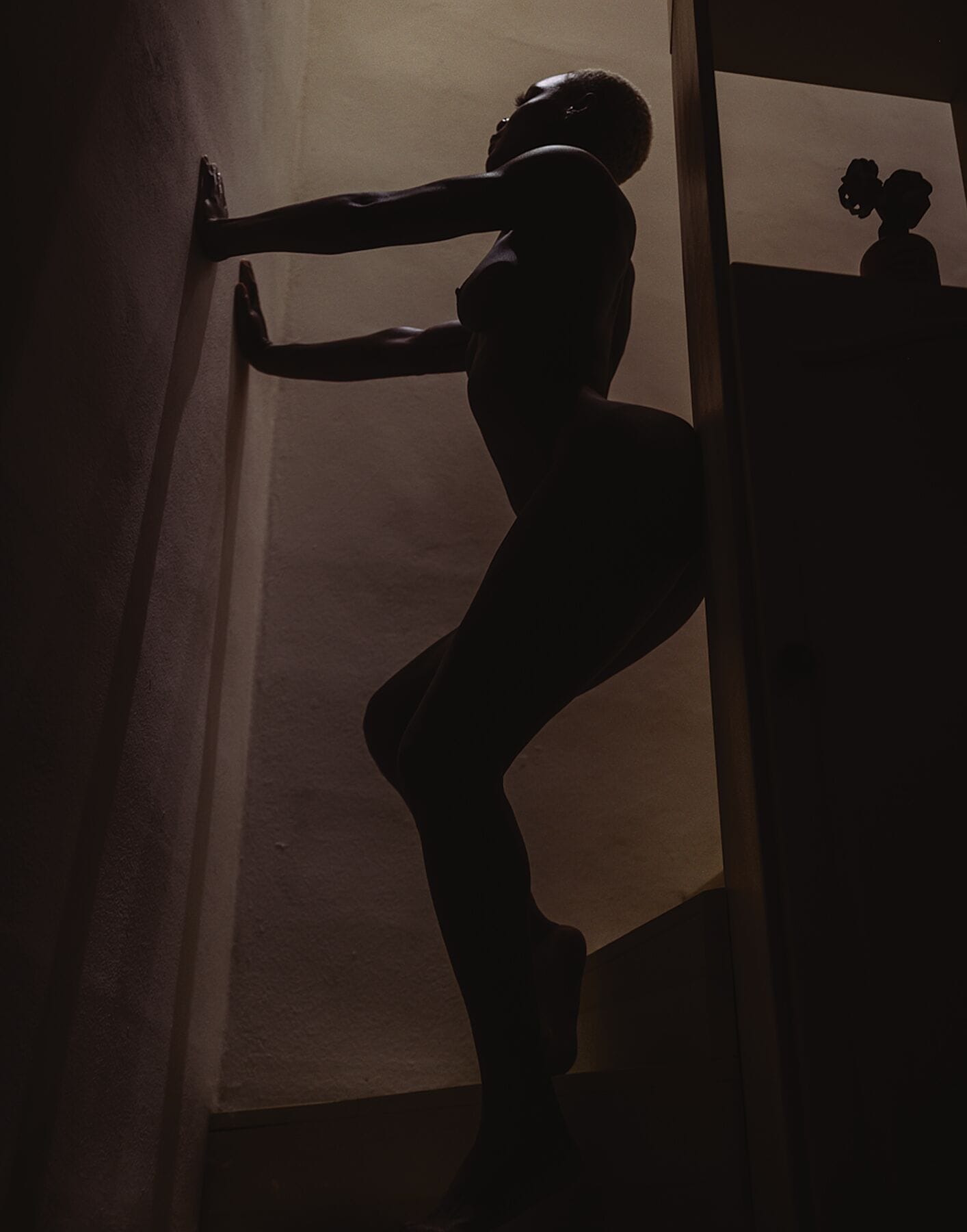 Shadow play fine art print of PivotPixie in Playa Del Carmen, showcasing her elegant silhouette in dramatic light, printed on Hahnemühle Bamboo paper.