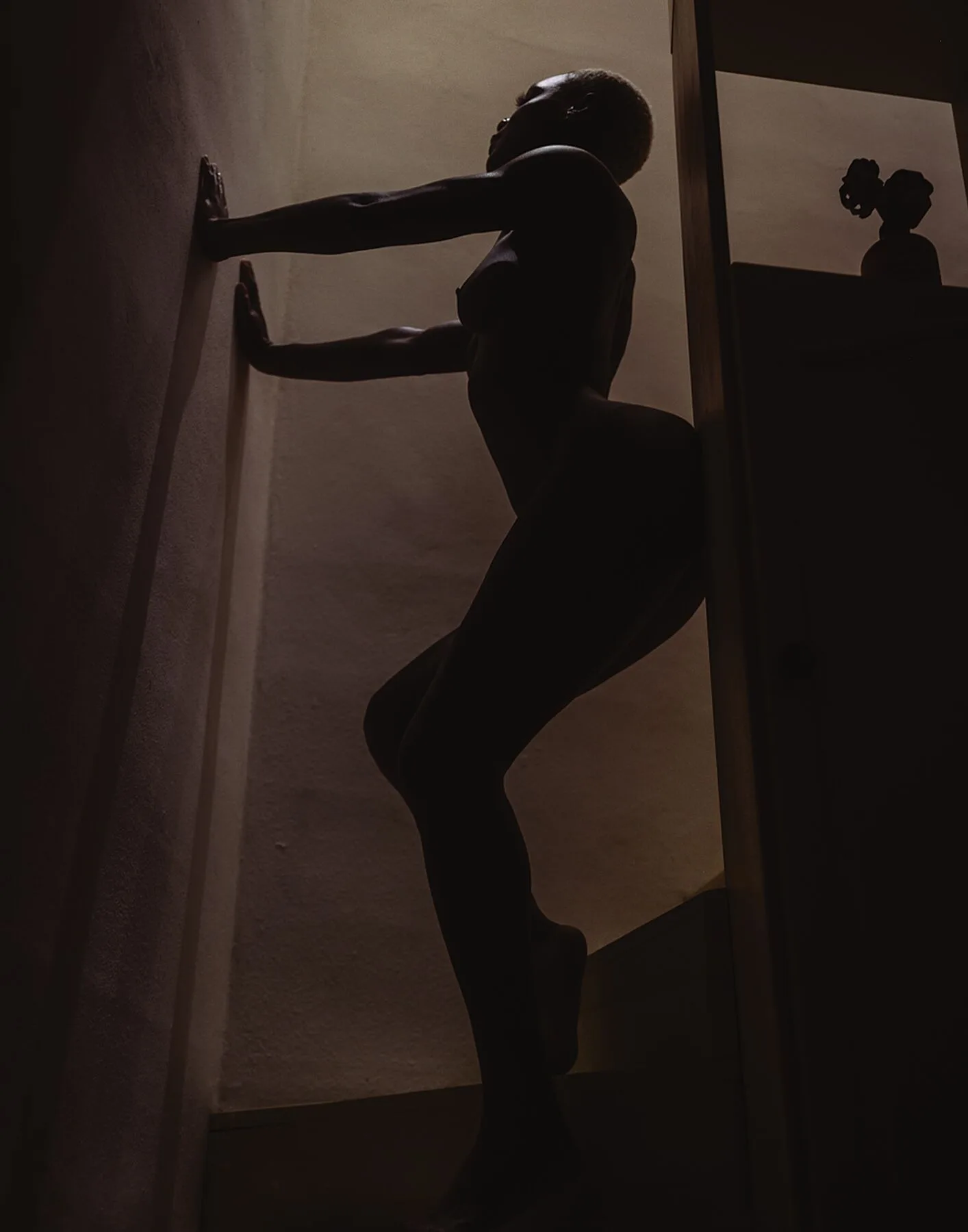 Shadow play fine art print of PivotPixie in Playa Del Carmen, showcasing her elegant silhouette in dramatic light, printed on Hahnemühle Bamboo paper.