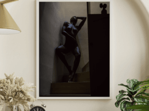 Pivot Pixie fine art nude in shadow play, captured in Playa Del Carmen, printed on luxurious Hahnemühle Bamboo paper for rich tones and striking detail.