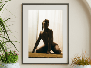 Amy in Tulum fine art nude yoga print, captured in soft light and printed on environmentally friendly Hahnemühle Bamboo paper.