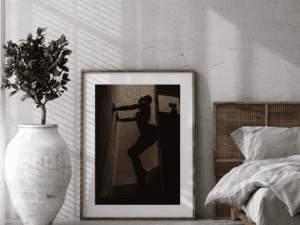 PivotPixie shadow play art, captured in a warm-toned monochrome staircase, with light and form creating a striking visual on Hahnemühle Bamboo paper.