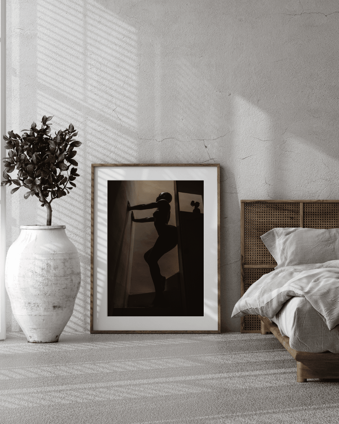 PivotPixie shadow play art, captured in a warm-toned monochrome staircase, with light and form creating a striking visual on Hahnemühle Bamboo paper.