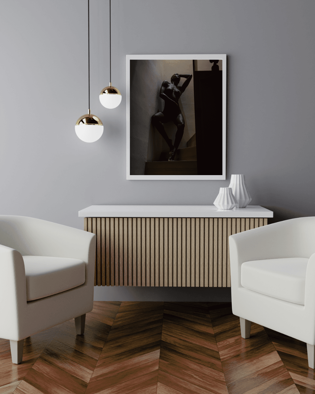 Limited-edition fine art nude shadow play print of Pivot Pixie, showcasing bold light and shadow on sustainable Hahnemühle Bamboo paper.