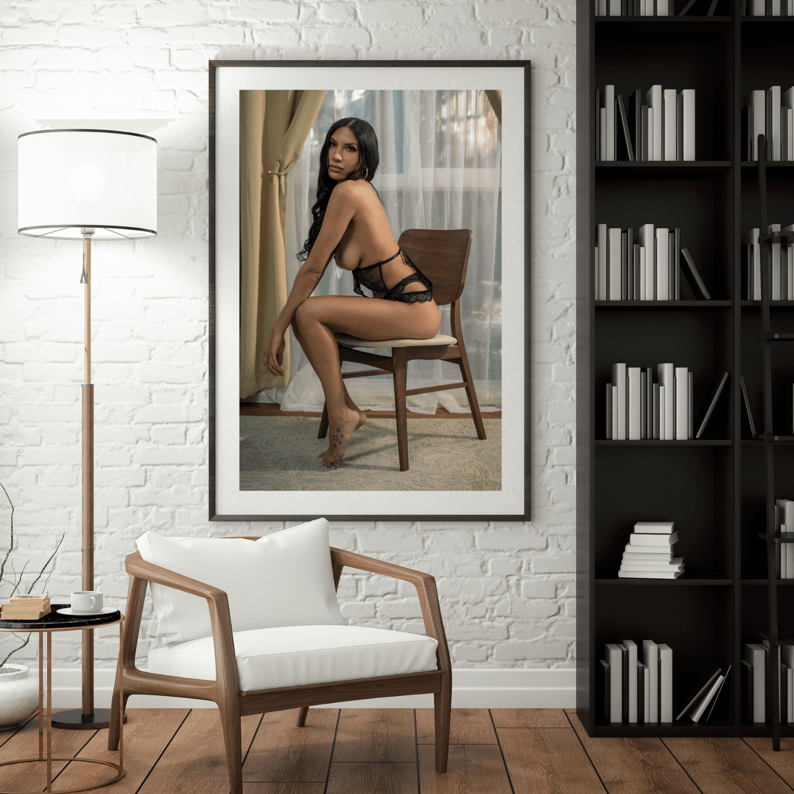 An elegant 20x30 art nude photograph of a model seated on a wooden chair, wearing delicate black lingerie. The soft natural light streaming through the sheer curtains highlights her confident pose, creating a striking balance of sensuality and sophistication. Perfect for art collectors and admirers of fine photography. **Frame Not Included**